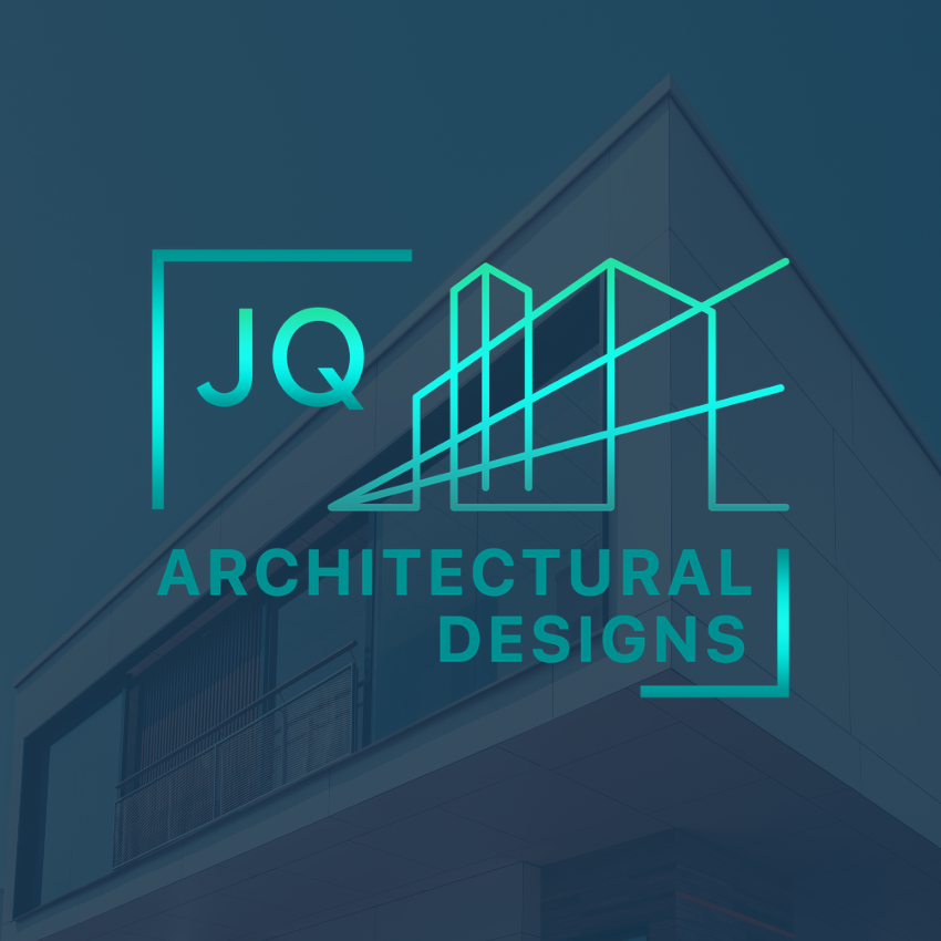Aqua colored gradient logo design of a geometric building laid over a photo of a modern home