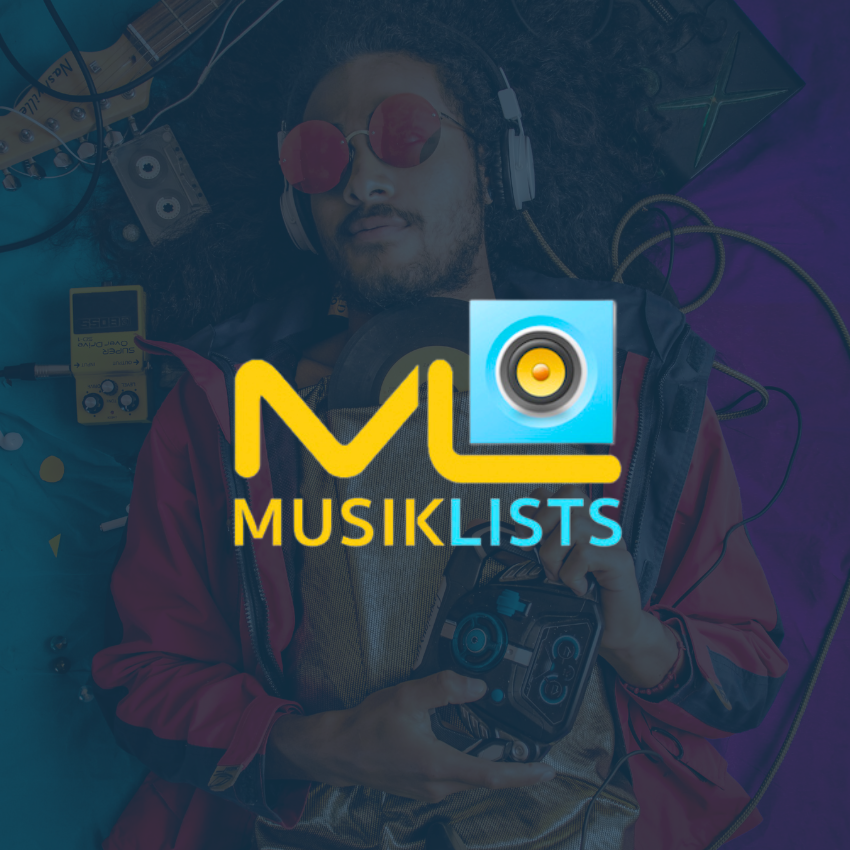 Music logo design in yellow and blue with a speaker graphic laid over an image of a man wearing sunglasses and headphones