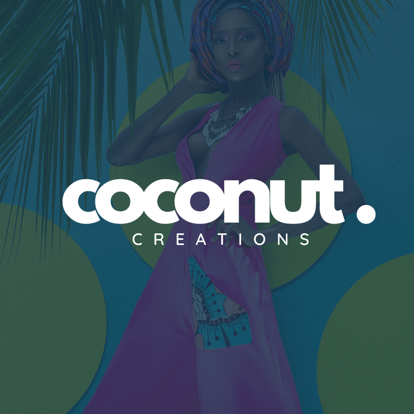 A white text logo design that says Coconut Creations laid over a photo of a beautiful woman wearing a long pink dress