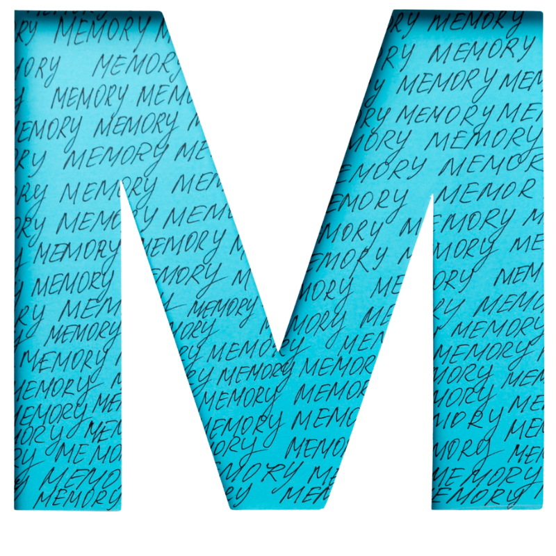 blue letter M on white background