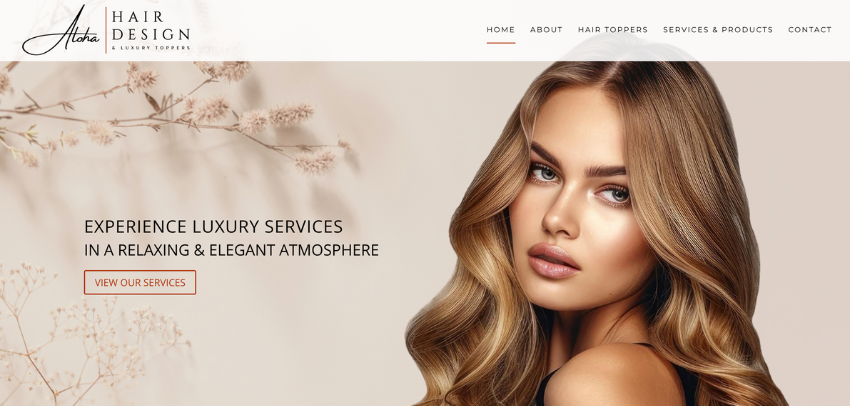 Screenshot of website homepage for a hair salon that has a beige background with shadows of plants and a woman with flowing hair