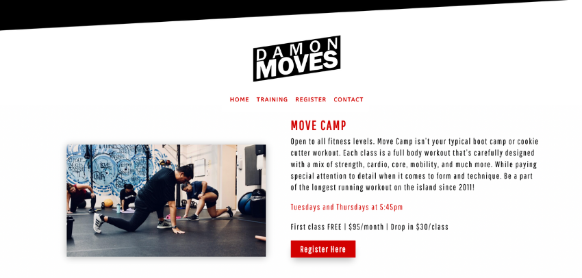 Screenshot of a website page for fitness website showing a man working out doing lunges