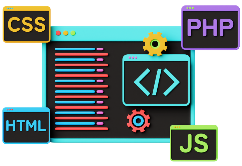 Computer screen icon with computer coding symbols in the colors aqua, green, orange and red