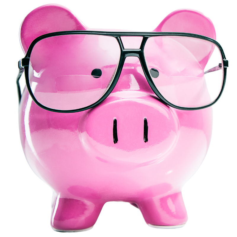 bright pink piggy bank photo with the piggy wearing black reading glasses