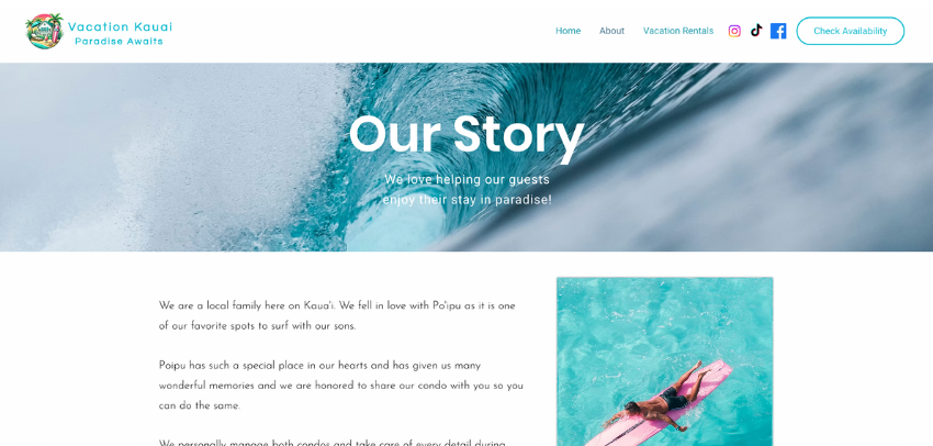 screenshot of website about page with a ocean wave photo and a photo of a man on a pink surfboard