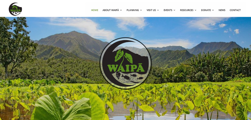 Screenshot of website homepage with a kalo field and mountains in the background