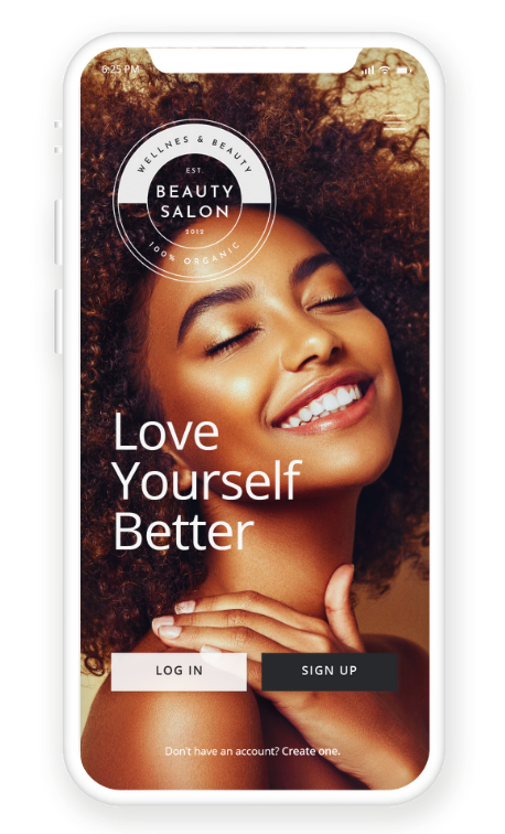 Mockup of mobile phone showing website for a beauty salon with african american woman